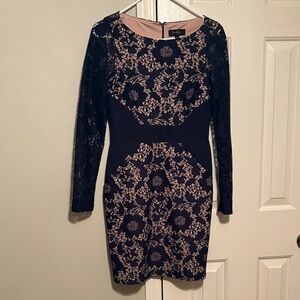 Jessica Simpson Navy and Tan Floral mid length Sleeve Dress